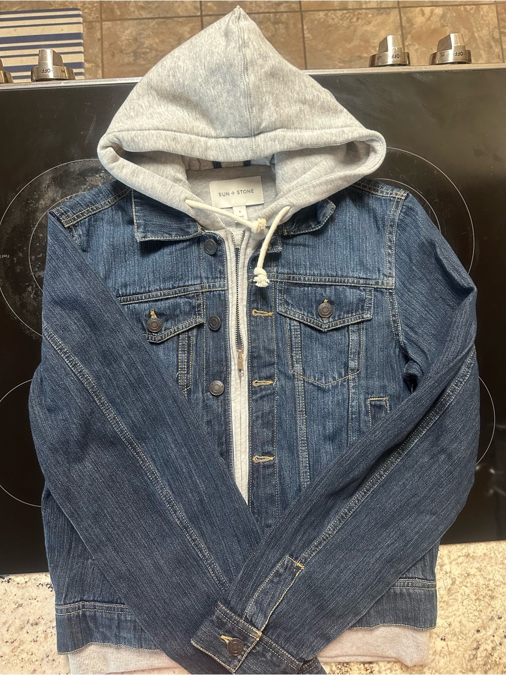 Sun + Stone Blue Denim Jacket with Gray Hooded Sweatshirt